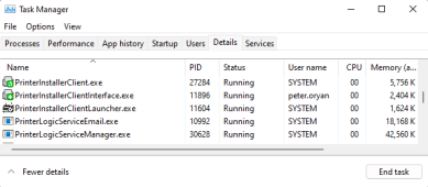 Task Manager's Details tab, showing the enabled services running for the client, service client, and email printing. 