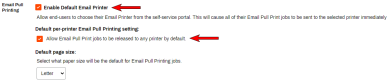 General Tab's Email Pull Printing section with arrows pointing to the default enable and default per printer settings. 