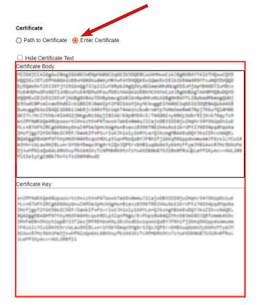 Epic Connector section with an arrow pointing to the Enter Certificate bubble, and the Certificate Body and Certificate Key fields filled out and highlighted with a box. 
