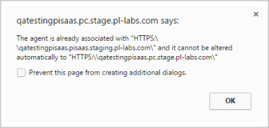 Browser pop up showing the client is already associated with another PrinterLogic instance. 