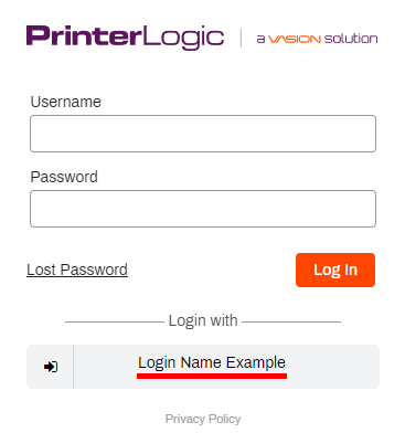 Admin Console login screen with an arrow pointing to the login button with the example name highlighted.