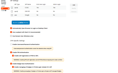 Identity Provider section showing the IdP option selected, the blue become an Okta member button, the SAML and Windows specific settings, and the IdP CPA Specific settings. 