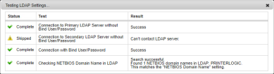 Testing LDAP Settings pop-up showing three complete tests and one skipped test. 