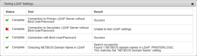 Testing LDAP Settings pop-up showing three complete tests, and the secondary LDAP server test showing as failed. 