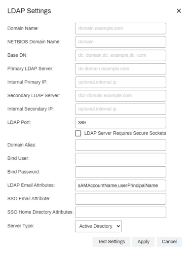 LDAP Settings pop-up with the different fields showing to configure the LDAP connection. 