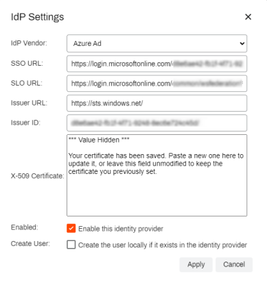 IdP Settings template showing the old UR fields, enable checkbox, and the Apply and Cancel buttons. 