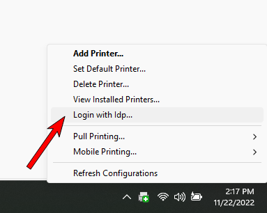 Client system tray menu with an arrow pointing to the Login with IdP option in the middle. 