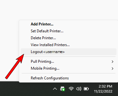 Client system tray menu with an arrow pointing to the Logout option in the middle. 