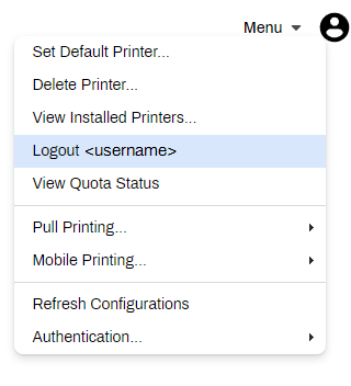 Self-Service Portal expanded Menu with the Logout option highlighted in the upper middle. 