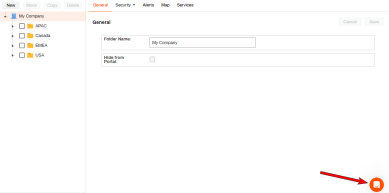 PrinterLogic Admin Console with an arrow pointing to the Intercom icon in the lower right. 