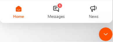 Bottom portion of the messenger showing the Home, Messages, and News tabs, and the Messages tab has an additional red bubble in the upper right to show there is one new message. 