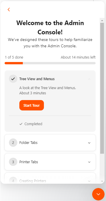 Messenger Tasks tab showing a checklist that's been assigned to the user, and the Start Tour button is visible on the first expanded item. 