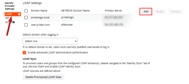 General tab Identity Provider Settings section with an arrow pointing to the LDAP option, and the Add button highlighted to the right. 