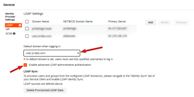 General tab's Identity Provider Settings section with an arrow going to the Default domain drop-down and the Enable Advanced LDAP authentication check box. 