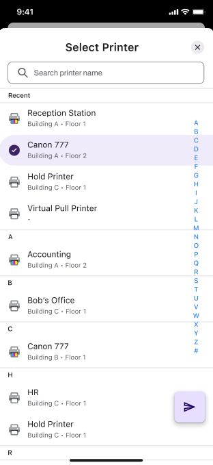 This is an image of a printer selection to release a print job to in the Vasion Print mobile app.