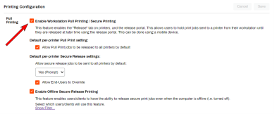 Pull Printing section with an arrow pointing to the Enable Workstation Pull Printing/ Secure Printing setting enabled. 