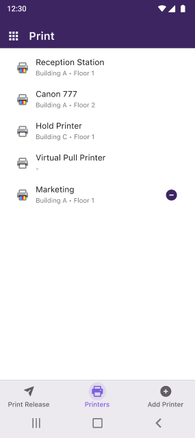 This is an image of the delete printer option on an Android device in the Vasion Print mobile app.
