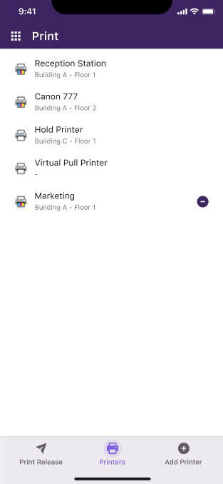 This is an image of the delete printer option on an iOS device in the Vasion Print mobile app.