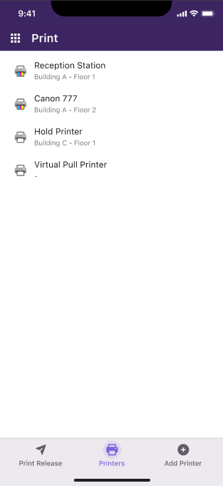 This is an image showing the printers screen on the Vasion Print mobile app.