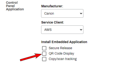 Install Embedded Application section showing the different installable apps, and has an arrow pointing to the QR Code Display option. 