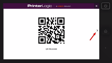 QR Release as seen on the printer after installation, with an arrow pointing to the arrow marker to the right of the screen to continue to login. 