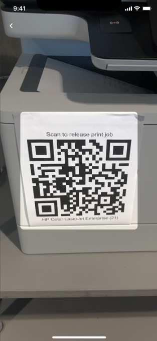 This is an image of a QR code being scanned with the Vasion Print mobile app.