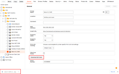 Printer object's General tab with the Download QR code button highlighted in the lower left, and the QR download highlighted in the bottom left. 
