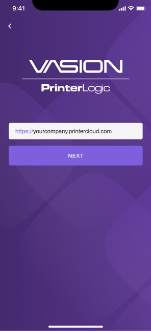 This is an image of the Vasion Print Mobile login screen to enter your instance URL to connect to.
