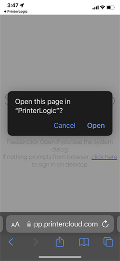 Return to PrinterLogic App option in iOS.