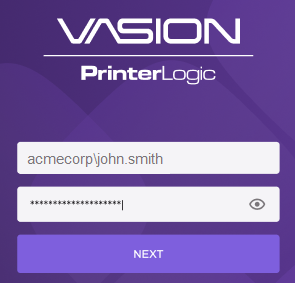 This is an image showing a username and password log on option for the Vasion Print mobile app.