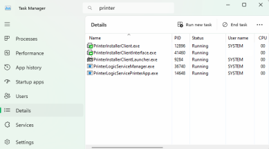 Task manager with the necessary printer apps services running.