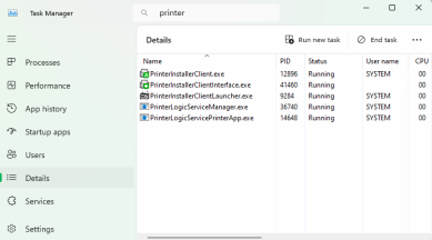 Task Manager Details tab view with the PrinterLogic Service Manager service running.