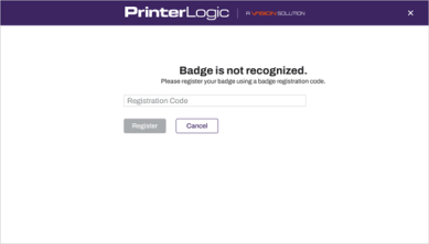 Badge not recognized screen showing the option to enter a registration code.