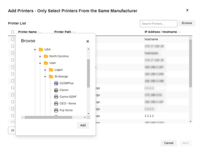 Browse pop-up showing the folder tree where printers and folders can be selected to add.