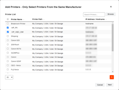 Add Printers pop-up with two of the printers in the list selected, and the Next button is highlighted in the bottom right.