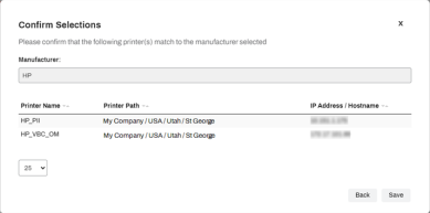 Add Printers pop-up asking to confirm if all printers in this batch are from the same manufacturer, and the Save button is highlighted in the bottom right.