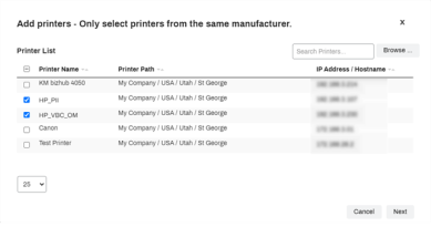 CPA Manager Add Printers pop up showing a list of printers from your tree view that can be selected, and a red arrow is pointing to the checked box of the top printer in the list. 