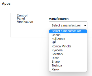 Printer object's Apps tab with the Manufacturer drop-down expanded to show the manufacturers that support the control panel application. 