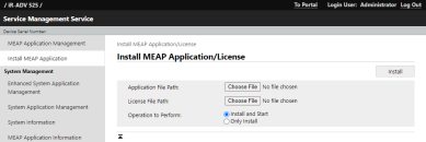 Install MEAP Application/License window with the Application and License file path options, both with a Choose File button to the right. 