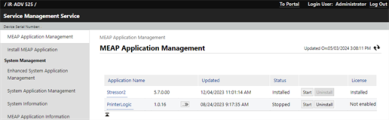 MEAP Application Management window showing the Uninstall button to the right of the PrinterLogic entry.