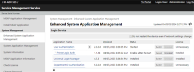 Enhanced System Application Management tab showing the Uninstall button to the right of the PrinterLogic Auth entry.