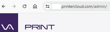 Browser bar for a PrinterLogic SaaS instance showing the site information icon next to the URL. 