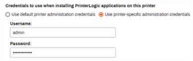 Credentials to use when installing application on this printer section of the Apps tab showing the bubbles where you select to use the default credentials or printer specific credentials.