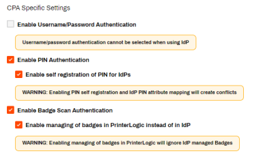 General Tab's CPA specific settings section showing the IdP authentication methods, self-registration options, and badge management options.