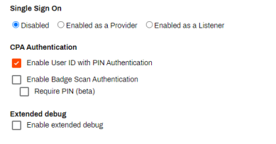 CPA authentication section of the printer object's Apps tab with the Single Sign-on options, and the authentication options for user ID with pin and enable badge scan authentication showing. 