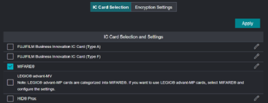 Card Selection page showing the MIFARE list option which is selected.