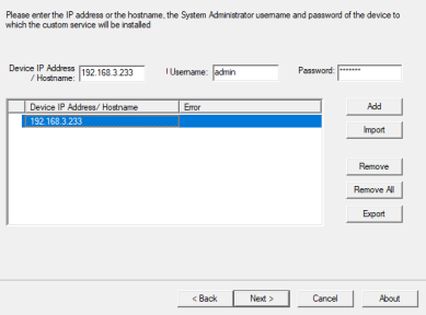 Add-on Application Installer pop-up showing the added printer's IP Address, and the Next button at the bottom. 