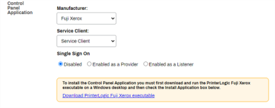 Printer object's Apps tab showing the Download PrinterLogic Fuji Xerox executable link within the yellow message blurb.