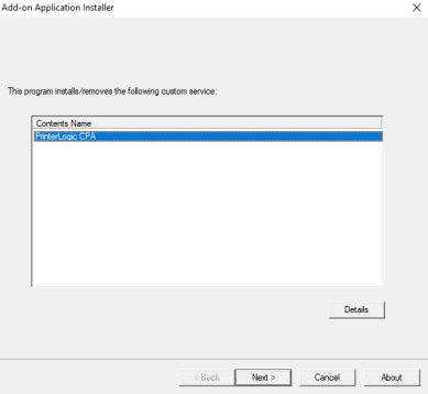 Add-on Application Installer pop-up showing the PrinterLogic CPA in the Contents Name section, and the Next button near the bottom middle. 