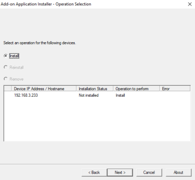 Add-on Application Installer pop-up showing the Install bubble on the upper left, and the Next button at the bottom. 